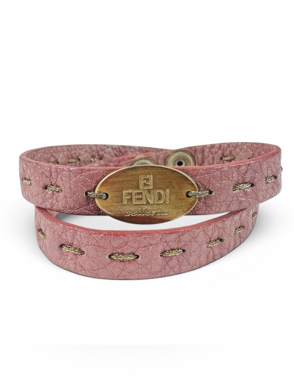 Fendi Pink Leather Selleria Wrap Bracelet 7in Gold Tone Logo Snap Designer